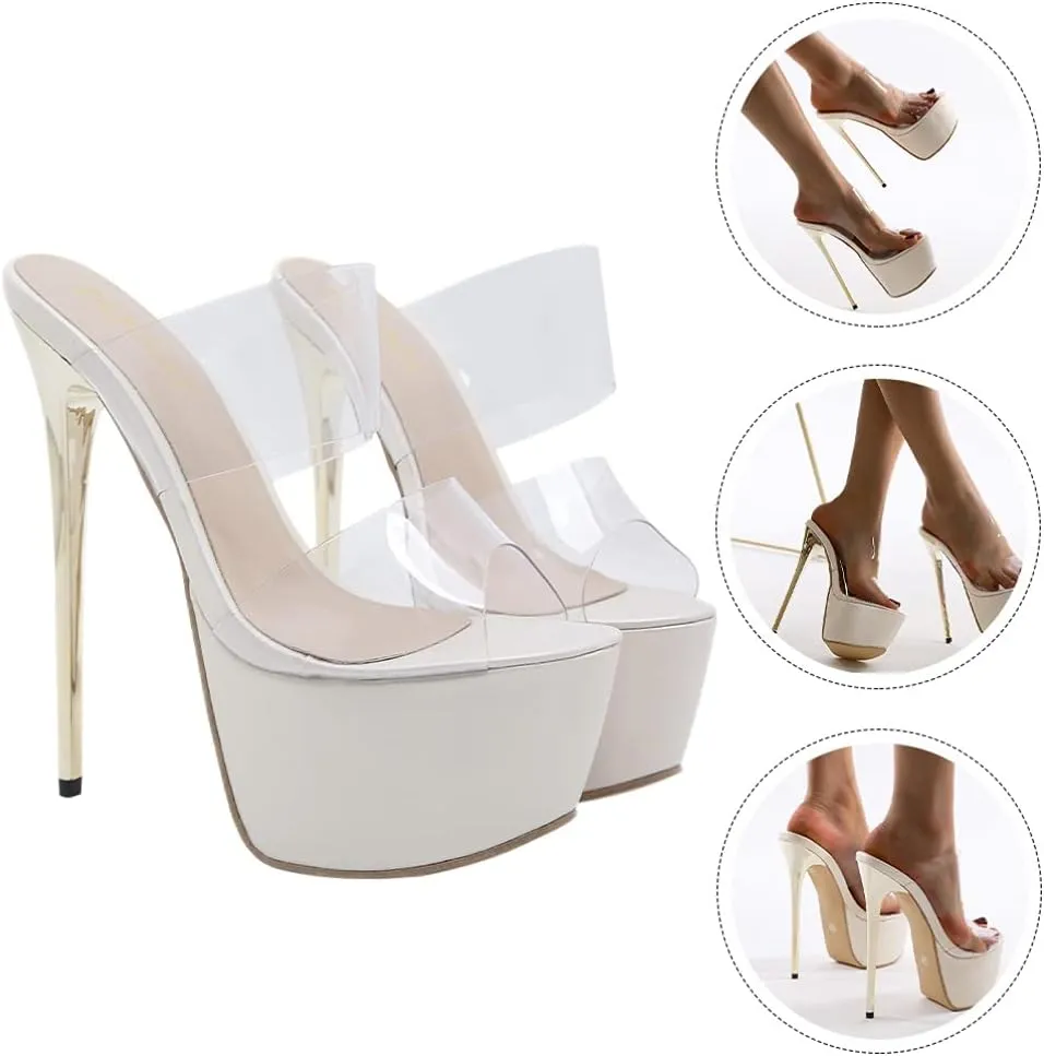 1 Pair Womens Platform Golden 16cm Super High Heel Sandal Thin Stiletto Heeled Platform Dress Shoes High Heel Slippers with Clear Bands and High Platform