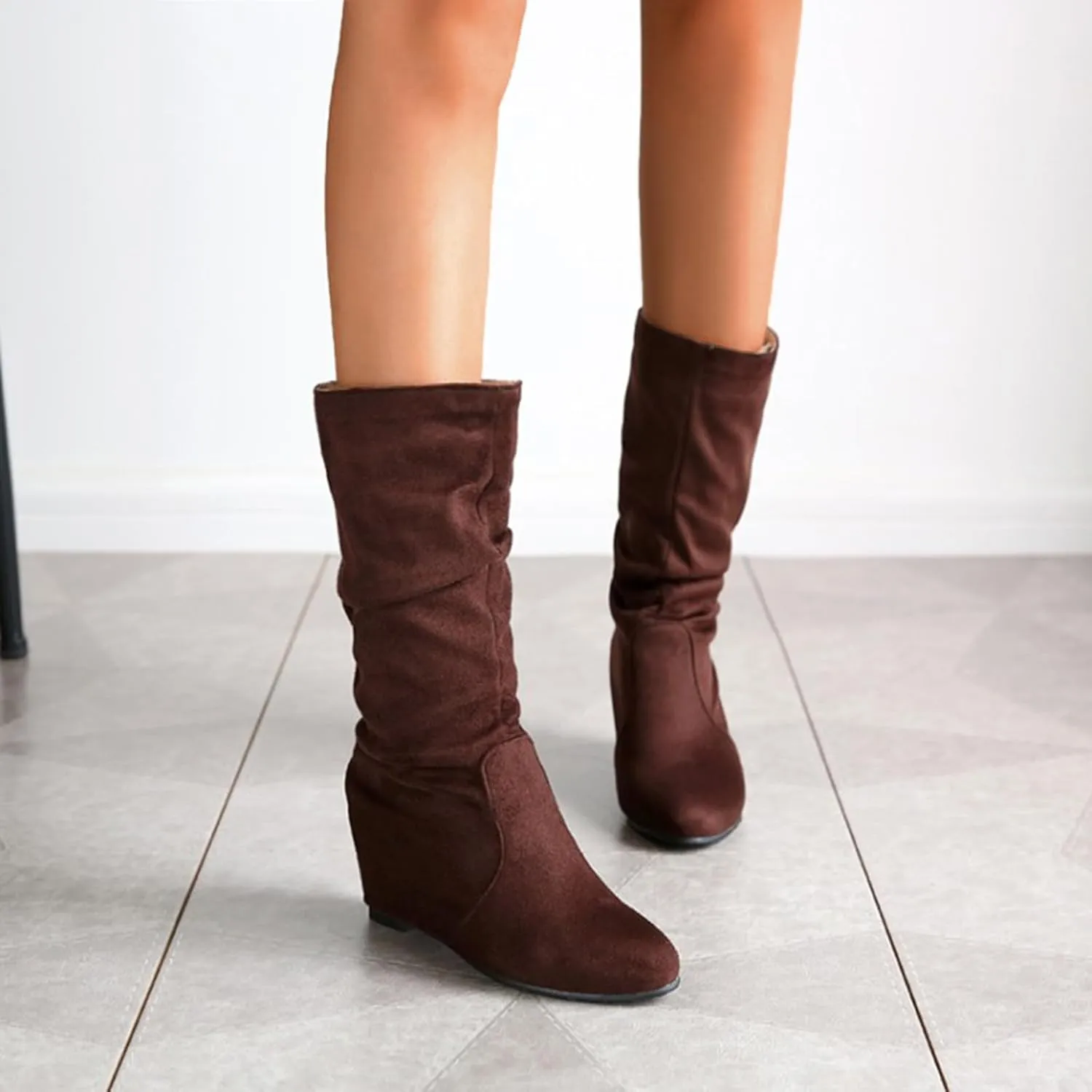 Ankle Boots For Women Retro Wedge Mid-Calf Western Cowboy Boots Zipper Cute Round Toe Knee High Fall Booties