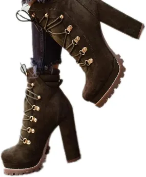 Bcshiye Women's Platform Ankle Boots Round Toe Lace Up Combat Boots Chunky High Heel Platform Knight Boots Winter Shoes