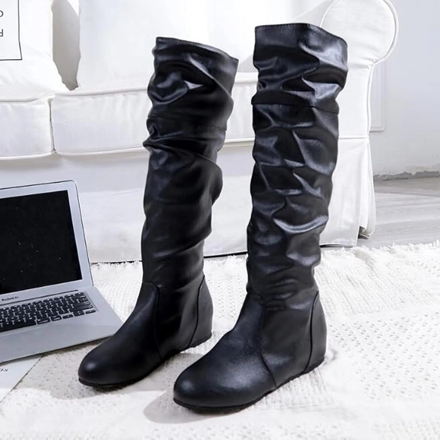 Bcshiye Women's Sexy Thigh High Boots Winter Knee High Flat Wide Mid Calf Boots Comfy Slip On Riding Boots