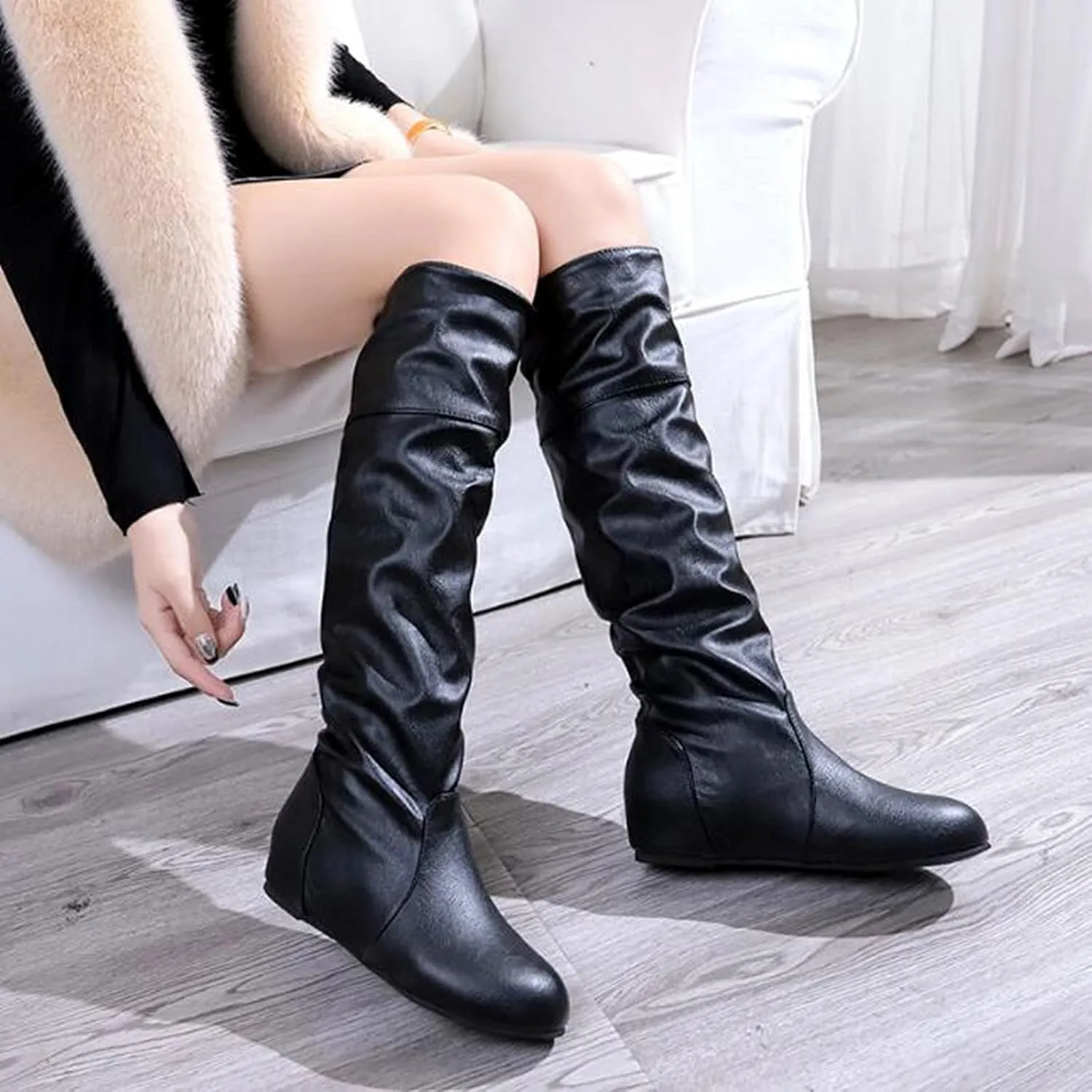 Bcshiye Women's Sexy Thigh High Boots Winter Knee High Flat Wide Mid Calf Boots Comfy Slip On Riding Boots