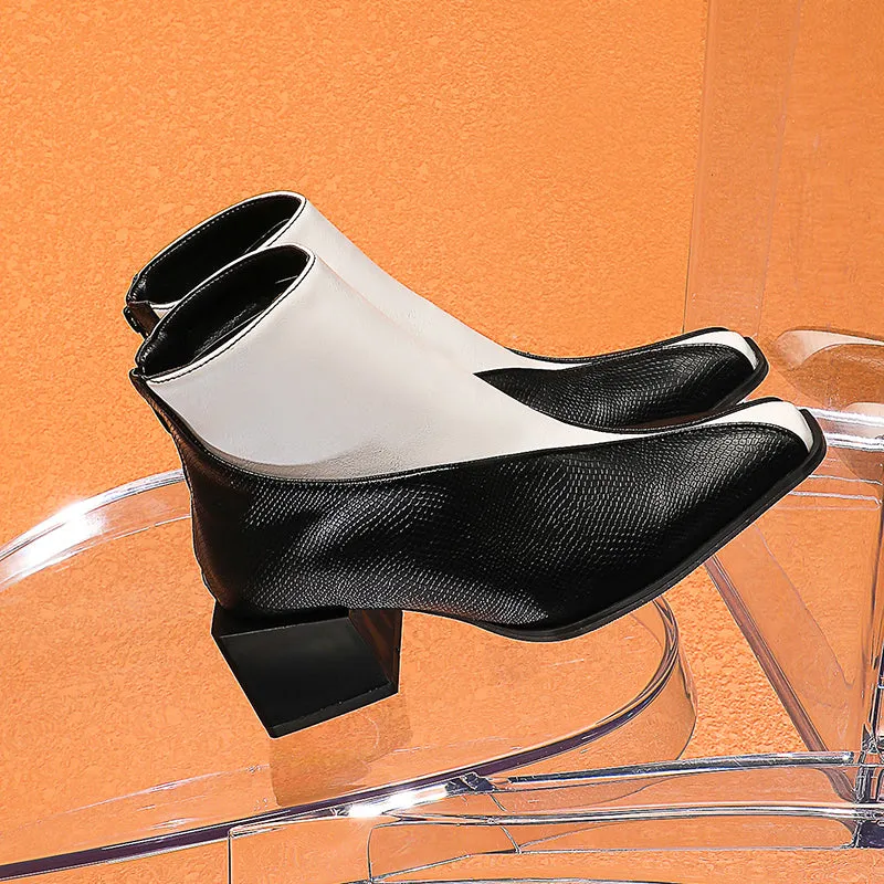 Bigsizeheels Jiek magazine stitching square heel ankle boots - White