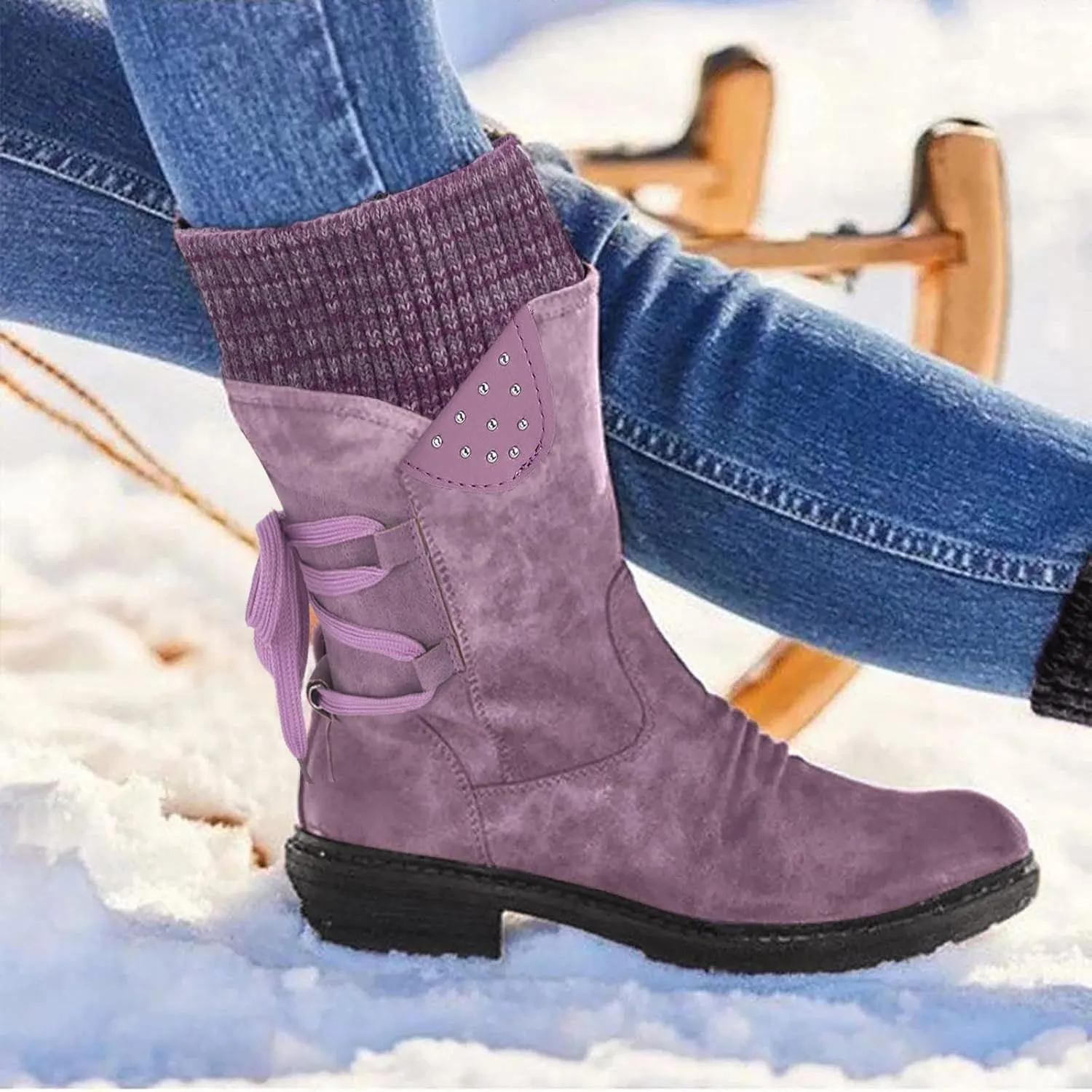 Boots For Women Low Heel Mid Calf Winter Boots Side Zip Western Platform Hiking Booties Warm Non Slip Outdoor Shoes