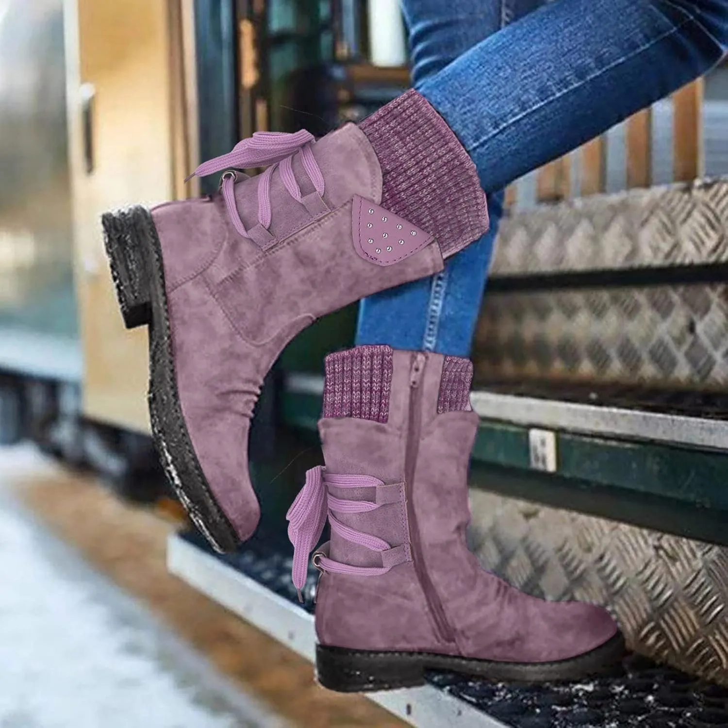 Boots For Women Low Heel Mid Calf Winter Boots Side Zip Western Platform Hiking Booties Warm Non Slip Outdoor Shoes