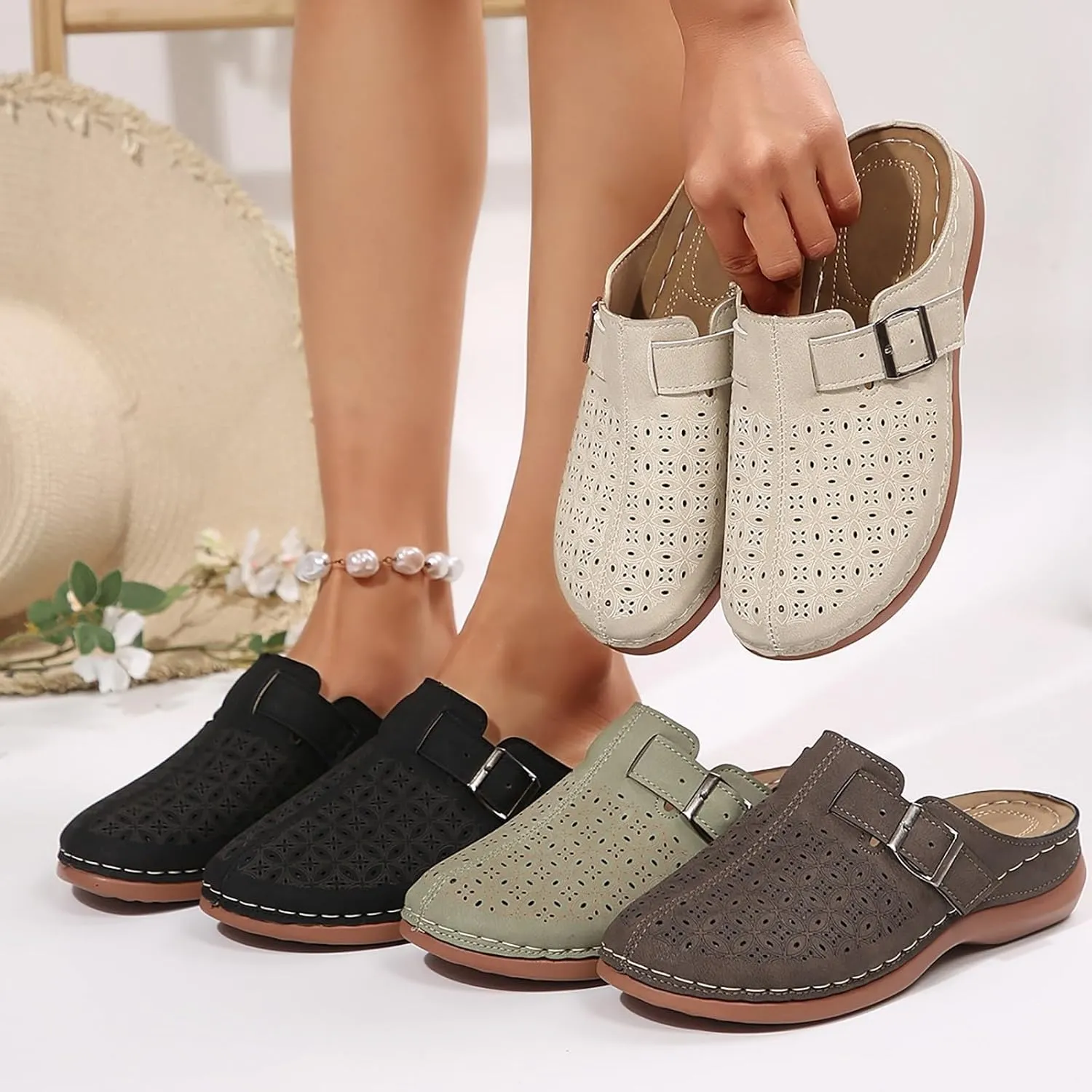 Clogs for Women Mules Shoes Summer Hollow Closed Toe Orthopedic Arch Support Sandals Comfortable Slip on Slippers