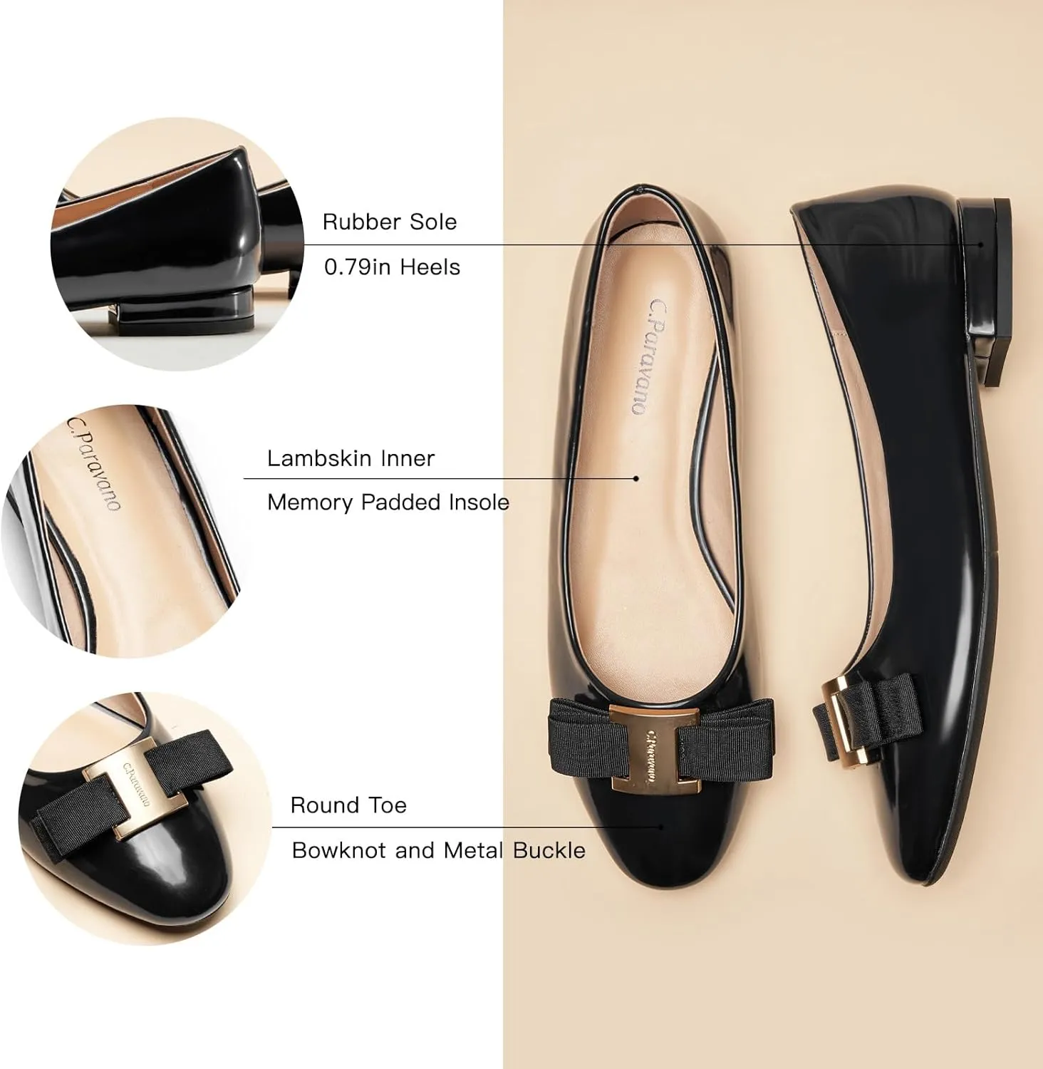 C.Paravano Women's Ballet Flats | Round Toe Bow Accent Shoes with Metallic Buckle | Soft Leather Slip-Ons for Work Commute, Office & Date NightsEvening Events, Business Travel & Dating