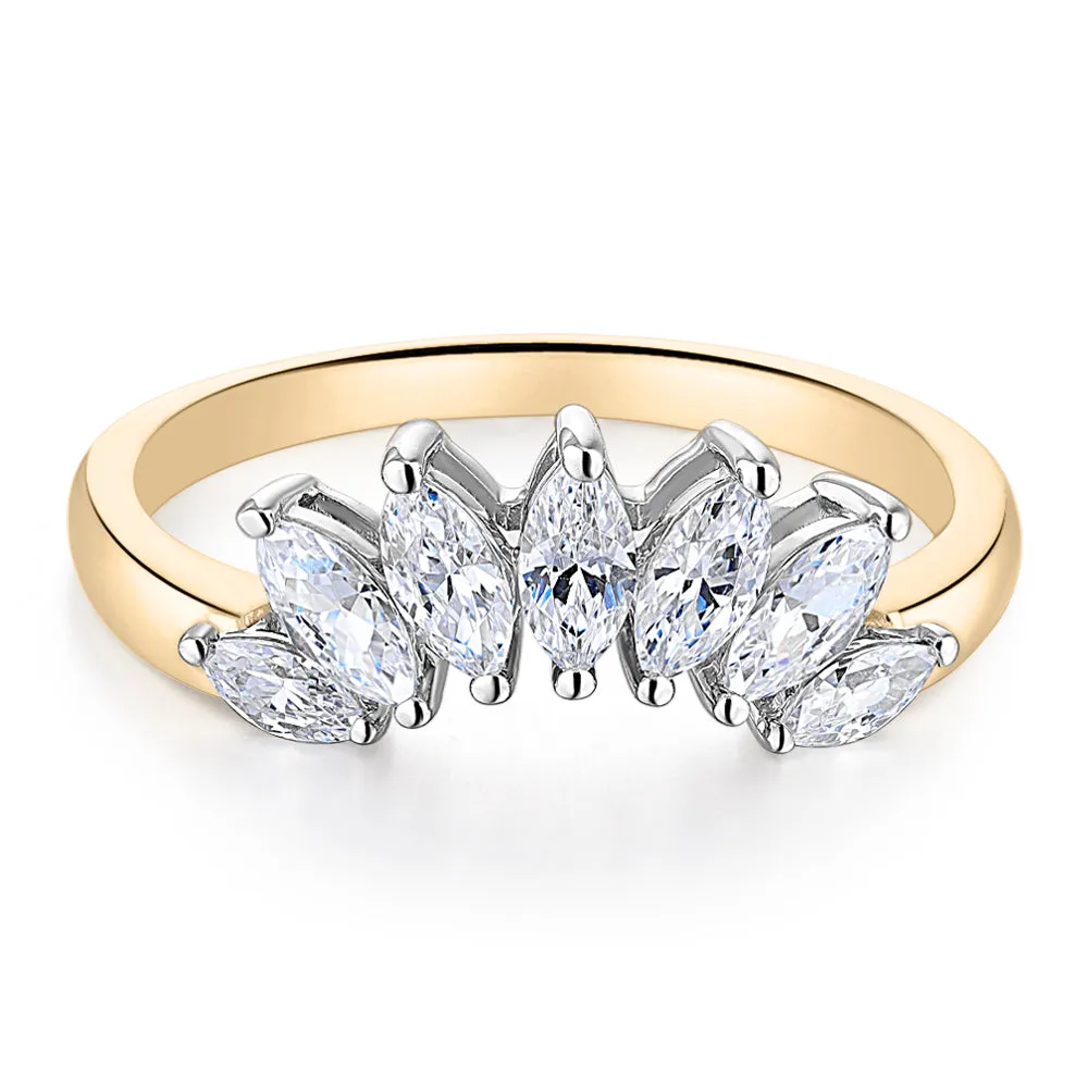 Curved wedding or eternity band with 0.48 carats* of diamond simulants in 14 carat yellow and white gold