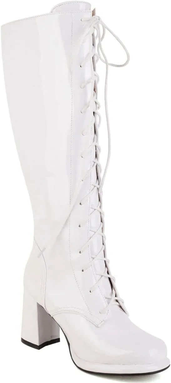 Elbslutt Women's Lace Up Knee High Boots Wide Calf Patent Leather Chunky Heeled Combat Long Boots