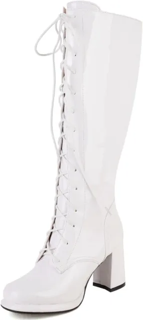 Elbslutt Women's Lace Up Knee High Boots Wide Calf Patent Leather Chunky Heeled Combat Long Boots