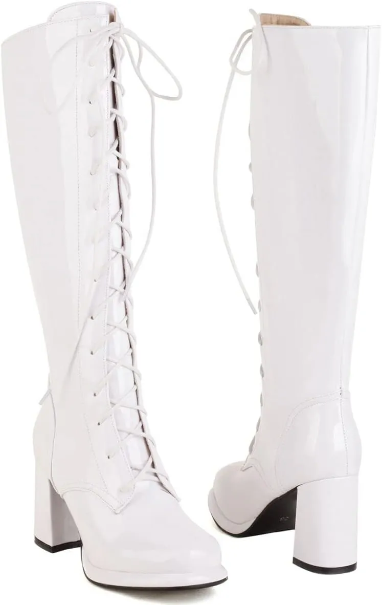 Elbslutt Women's Lace Up Knee High Boots Wide Calf Patent Leather Chunky Heeled Combat Long Boots