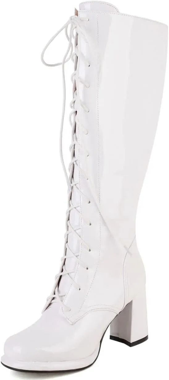 Elbslutt Women's Lace Up Knee High Boots Wide Calf Patent Leather Chunky Heeled Combat Long Boots