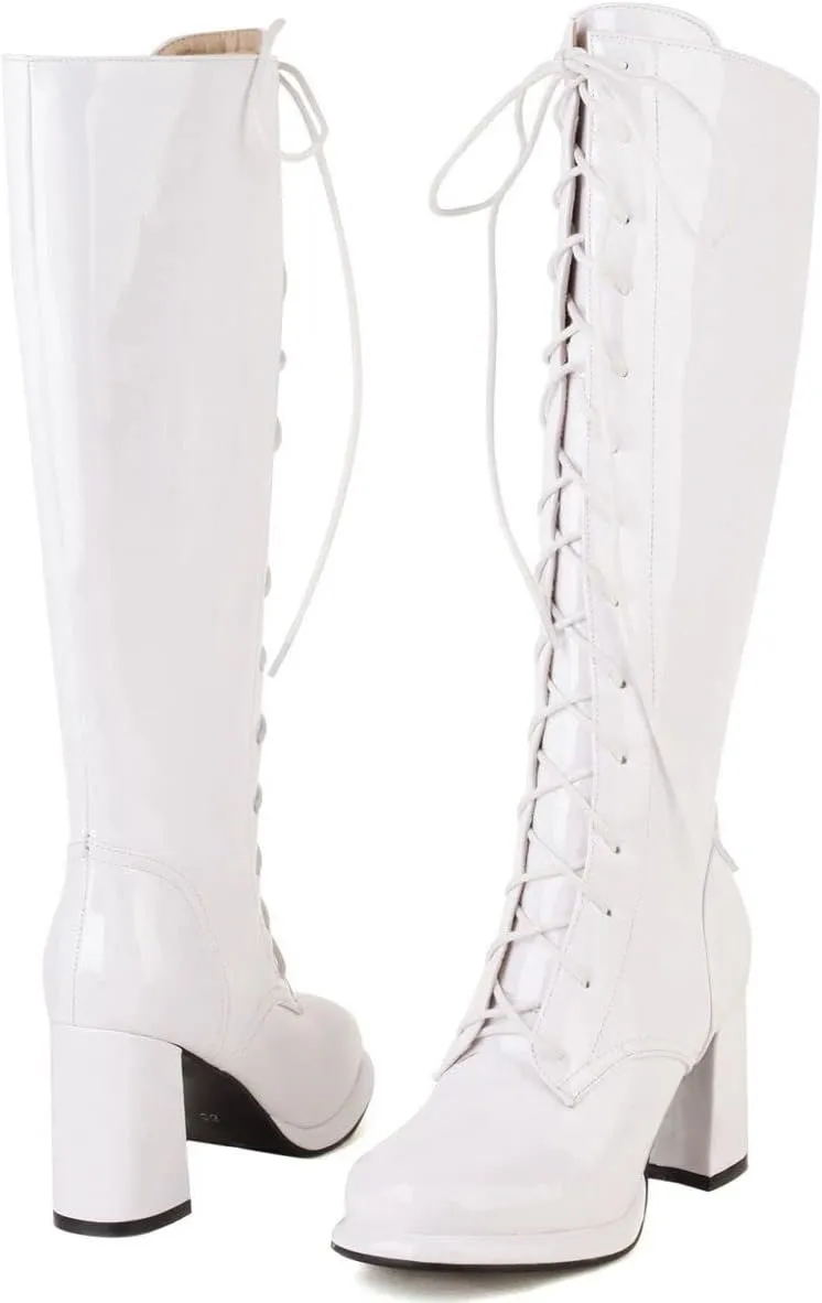 Elbslutt Women's Lace Up Knee High Boots Wide Calf Patent Leather Chunky Heeled Combat Long Boots