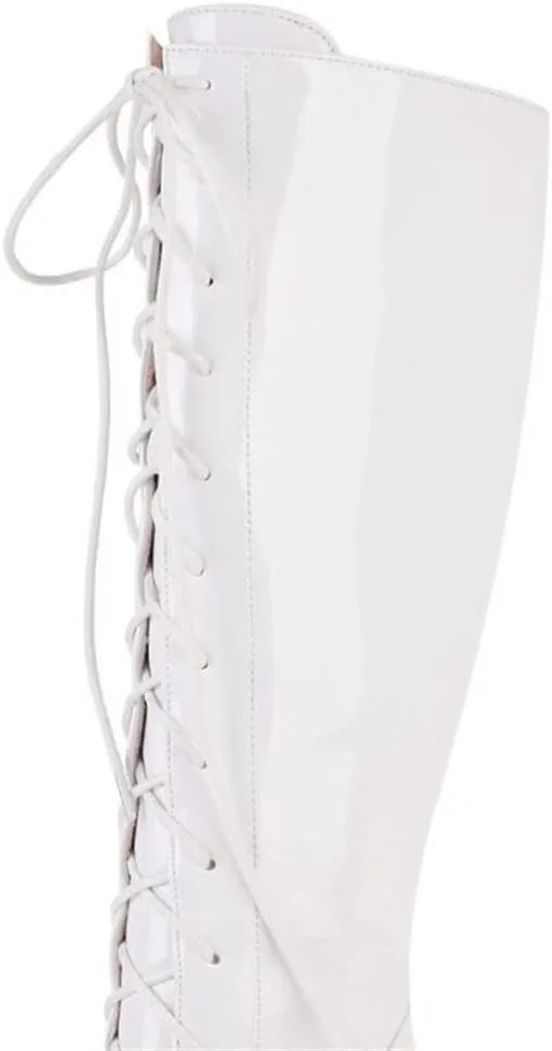 Elbslutt Women's Lace Up Knee High Boots Wide Calf Patent Leather Chunky Heeled Combat Long Boots