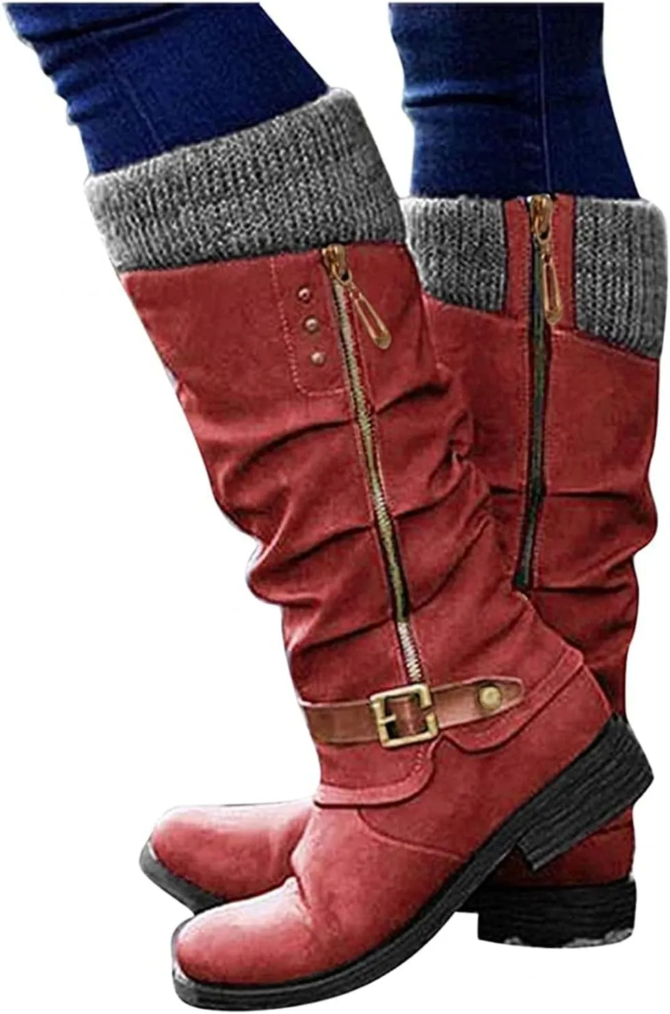 Fall Boots For Women 2024 Wide Calf Mid-calf Combat Military Winter Boot Side Zipper Low Heel Motorcycle Riding Boots