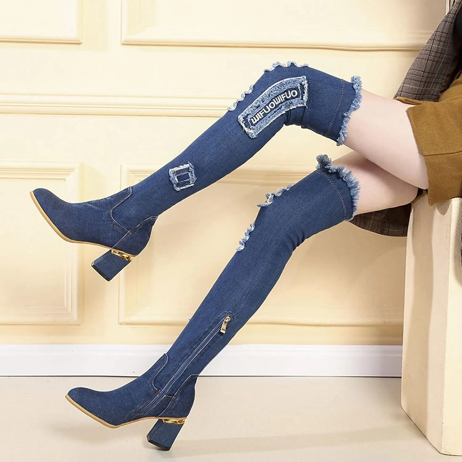 hlysgo Women's Sexy Thigh High Denim Long Boots Fashion Ripped Side Zipper Cowgirl Over The Knee Winter Casual Boot