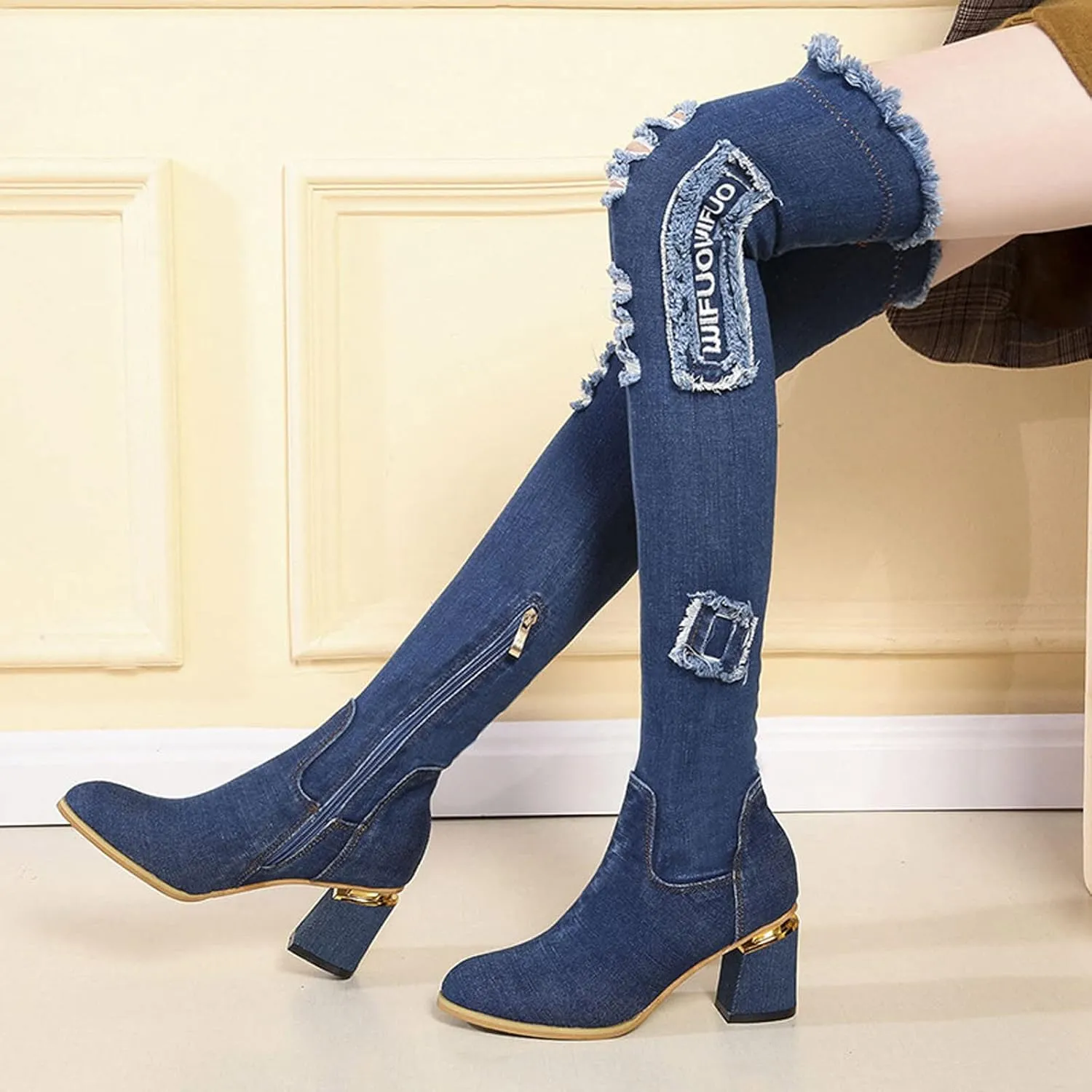 hlysgo Women's Sexy Thigh High Denim Long Boots Fashion Ripped Side Zipper Cowgirl Over The Knee Winter Casual Boot