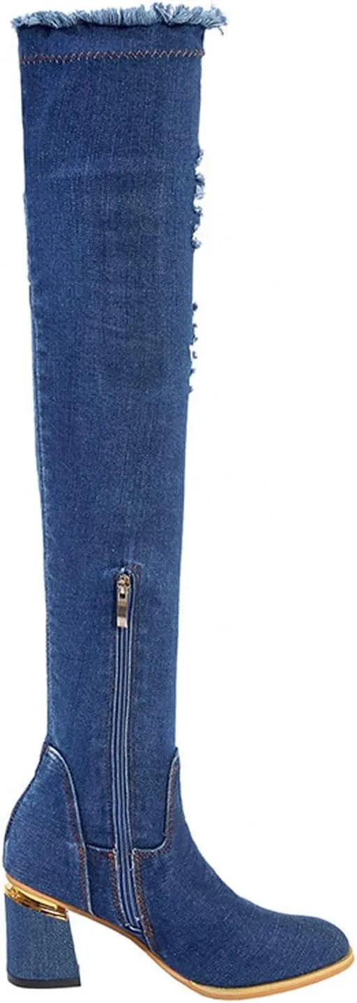 hlysgo Women's Sexy Thigh High Denim Long Boots Fashion Ripped Side Zipper Cowgirl Over The Knee Winter Casual Boot