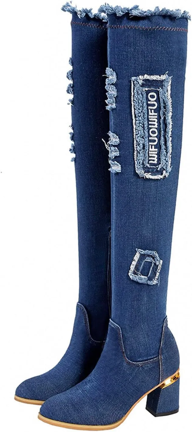 hlysgo Women's Sexy Thigh High Denim Long Boots Fashion Ripped Side Zipper Cowgirl Over The Knee Winter Casual Boot