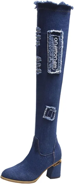 hlysgo Women's Sexy Thigh High Denim Long Boots Fashion Ripped Side Zipper Cowgirl Over The Knee Winter Casual Boot