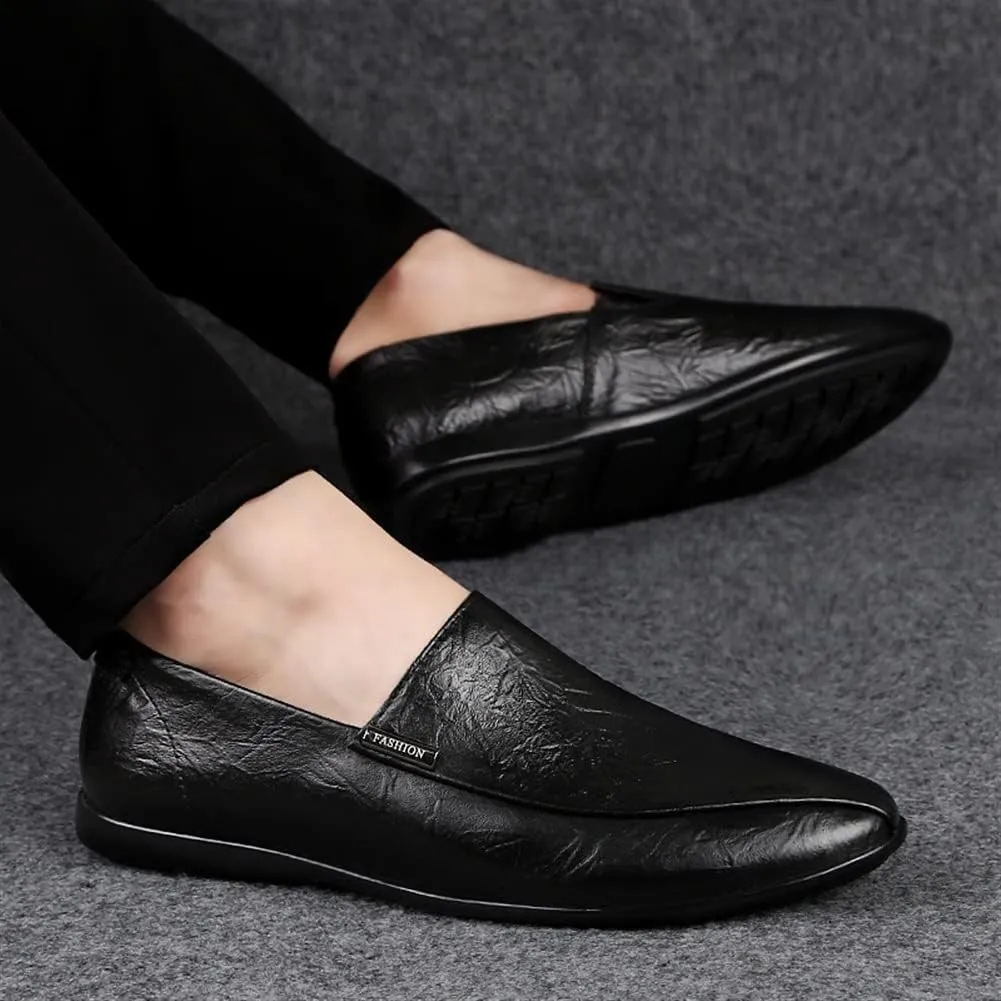HOOENG Driving Moccasins for Men Genuine Leather Stitching Details Round Toe Rubber Sole Resistant Anti-Slip Flat Heel Driving Slip On