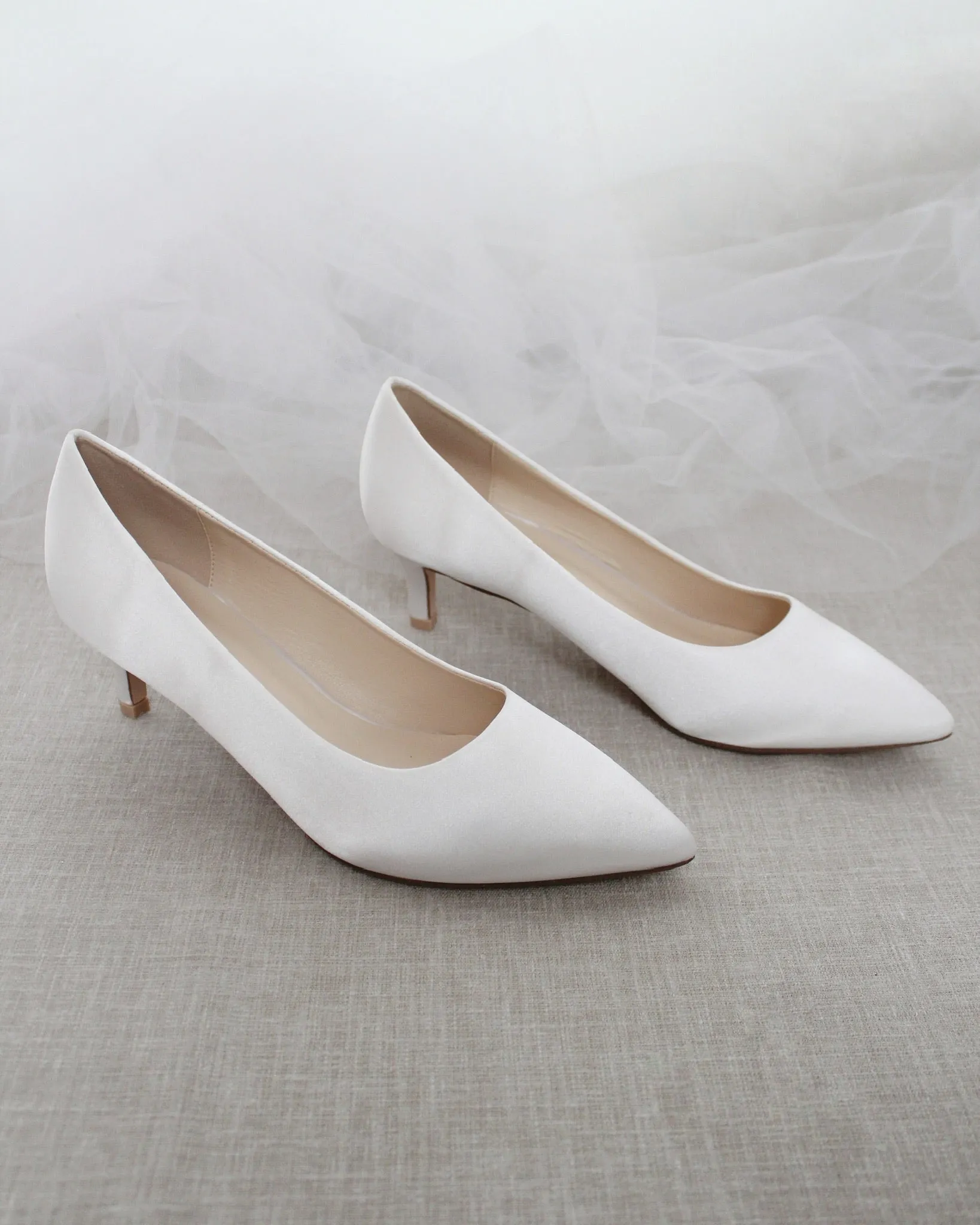 JOSKAA 2024 New Fashion High Heel White Satin Pointy Toe Pump Low Heel