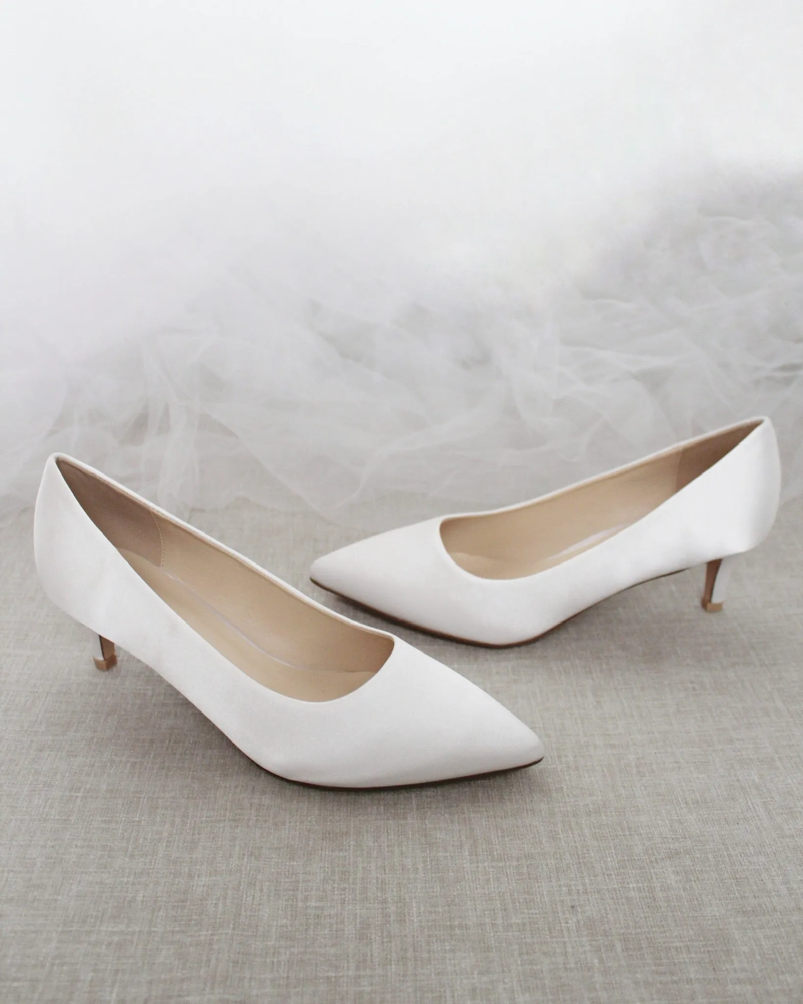 JOSKAA 2024 New Fashion High Heel White Satin Pointy Toe Pump Low Heel