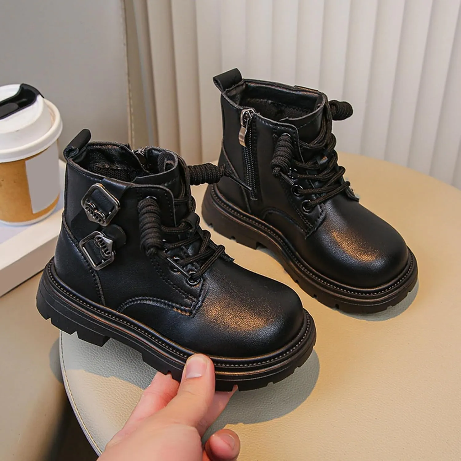 Kids Ankle Combat Boots Lace Up Side Zipper Riding Boot Warm Faux Fur Lined Short Winter Snow Boots Lug Sole Low Heels