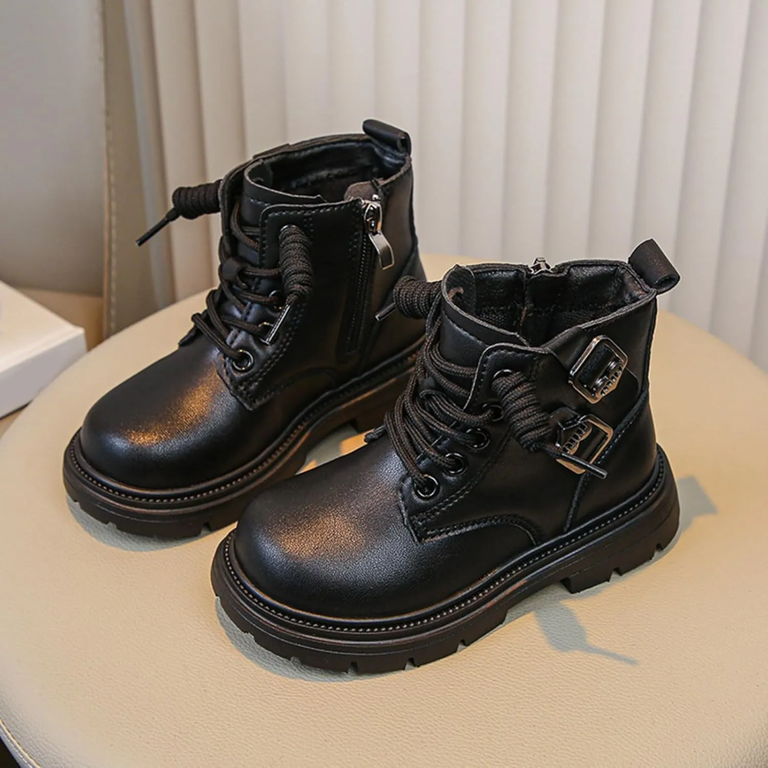 Kids Ankle Combat Boots Lace Up Side Zipper Riding Boot Warm Faux Fur Lined Short Winter Snow Boots Lug Sole Low Heels