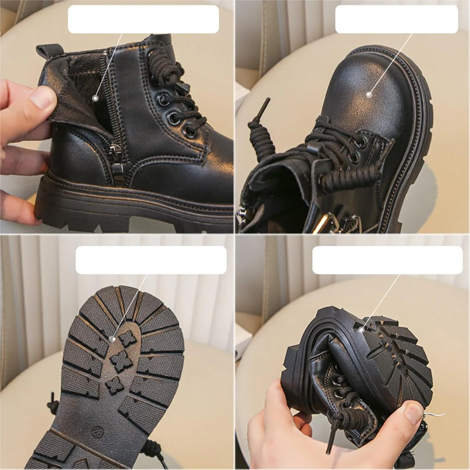 Kids Ankle Combat Boots Lace Up Side Zipper Riding Boot Warm Faux Fur Lined Short Winter Snow Boots Lug Sole Low Heels