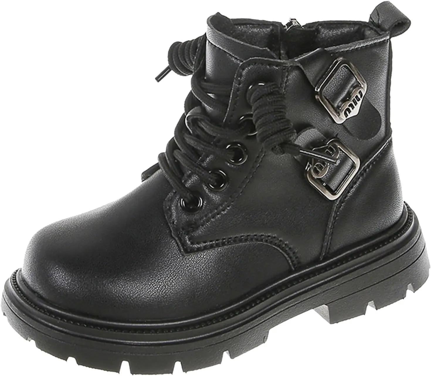 Kids Ankle Combat Boots Lace Up Side Zipper Riding Boot Warm Faux Fur Lined Short Winter Snow Boots Lug Sole Low Heels
