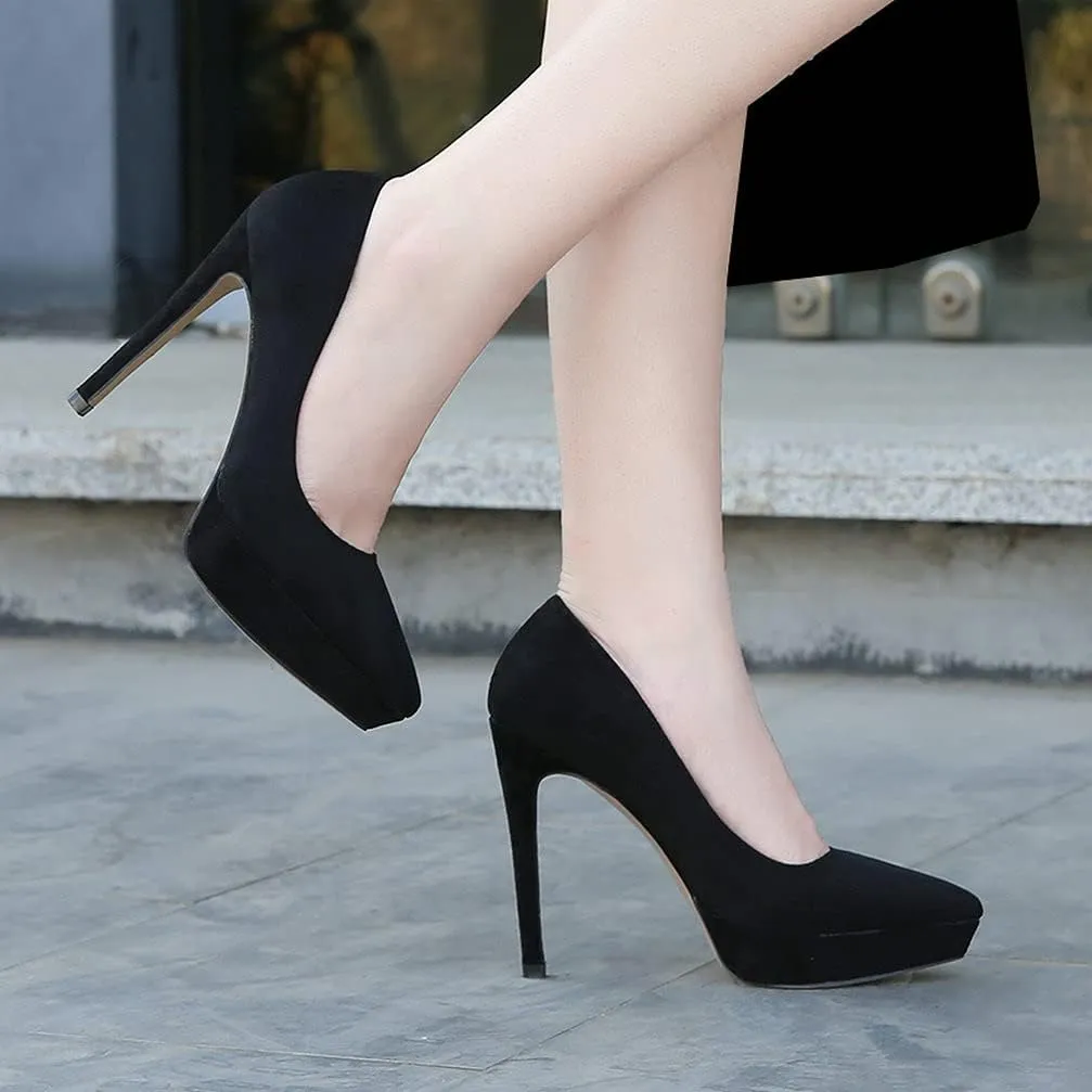 KOKOMOMO Womens Faux Suede Pointed Toe Platform Stiletto High Heel Pumps