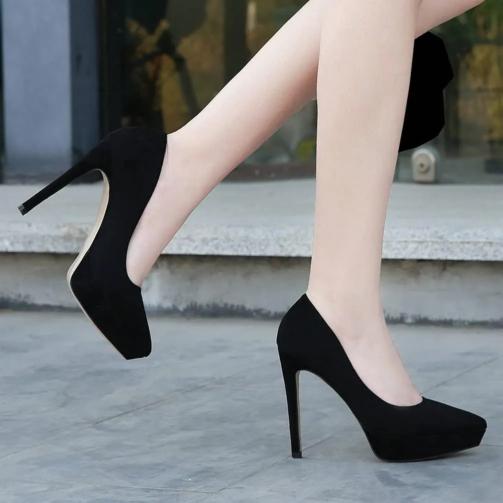 KOKOMOMO Womens Faux Suede Pointed Toe Platform Stiletto High Heel Pumps