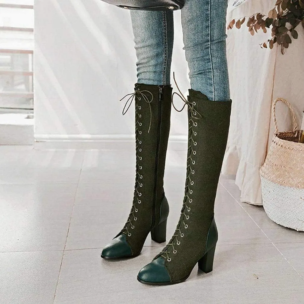 KOKOMOMO Womens High Block Heel Lace Up Knee High Boots with Zip Ladies Mid Calf Combat Boots