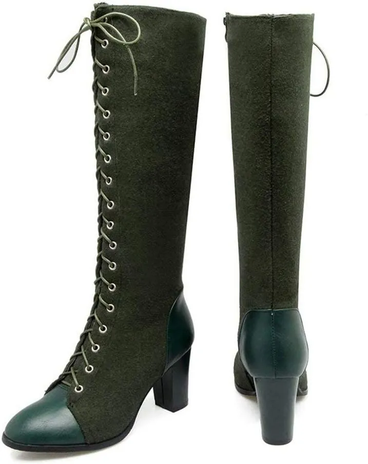 KOKOMOMO Womens High Block Heel Lace Up Knee High Boots with Zip Ladies Mid Calf Combat Boots