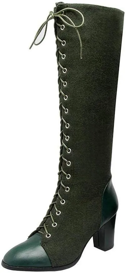 KOKOMOMO Womens High Block Heel Lace Up Knee High Boots with Zip Ladies Mid Calf Combat Boots