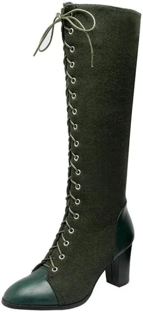 KOKOMOMO Womens High Block Heel Lace Up Knee High Boots with Zip Ladies Mid Calf Combat Boots