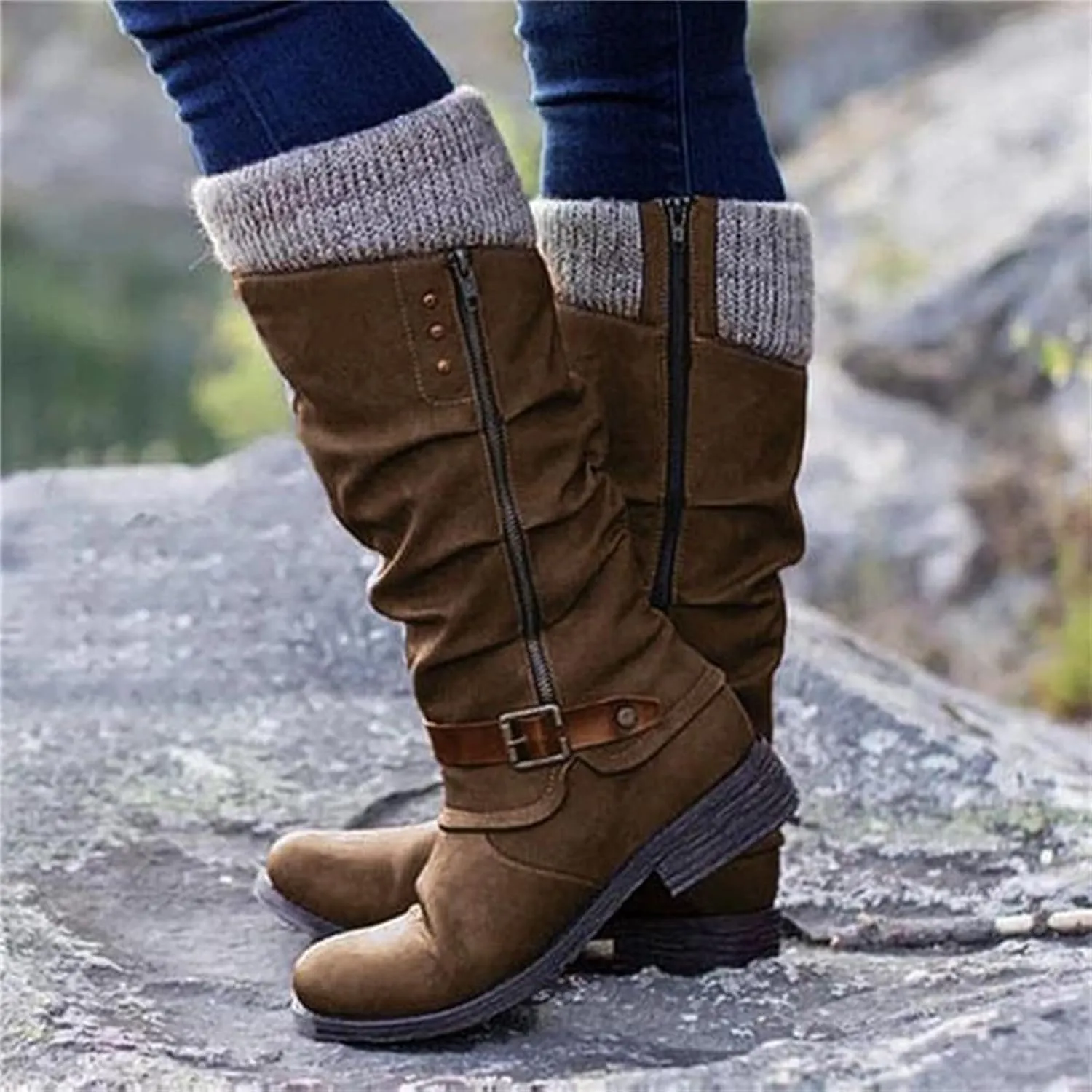 Ladmiple Motorcycle Boots Women Riding Cowboy Cowgirl Mid Calf Boots Side Zipper Low Heel Fashion Combat Military Biker Boots