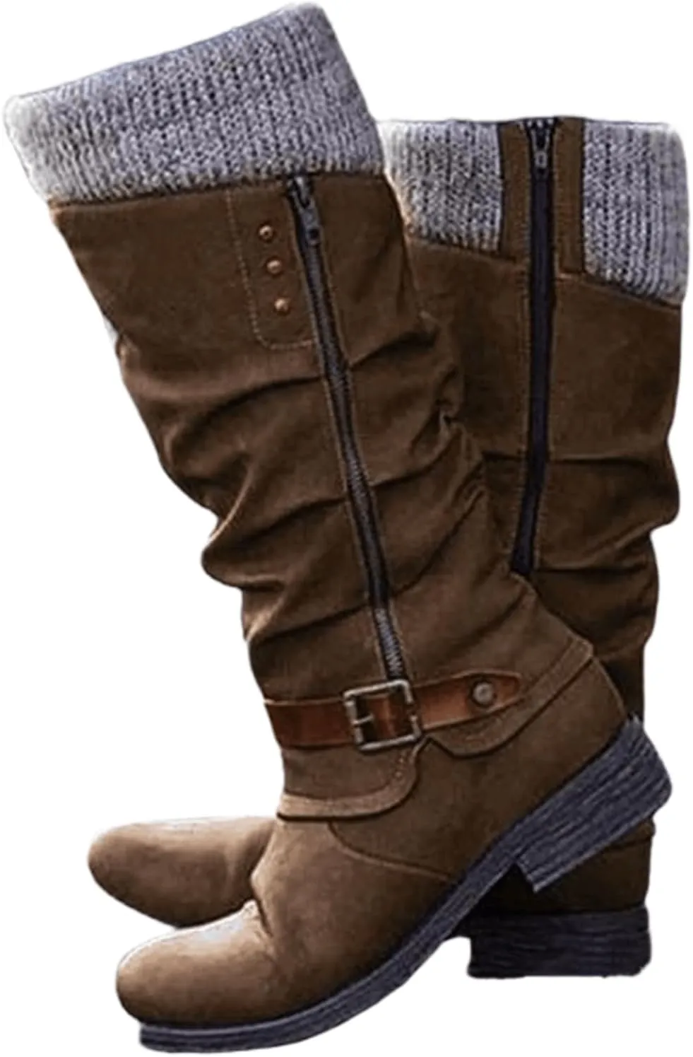 Ladmiple Motorcycle Boots Women Riding Cowboy Cowgirl Mid Calf Boots Side Zipper Low Heel Fashion Combat Military Biker Boots