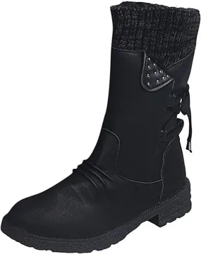 Lausiuoe Boots For Women Low Heel Mid Calf Side Zipper Slouchy Western Cowboy Booties Winter Warm Non Slip Platform Outdoor Shoes