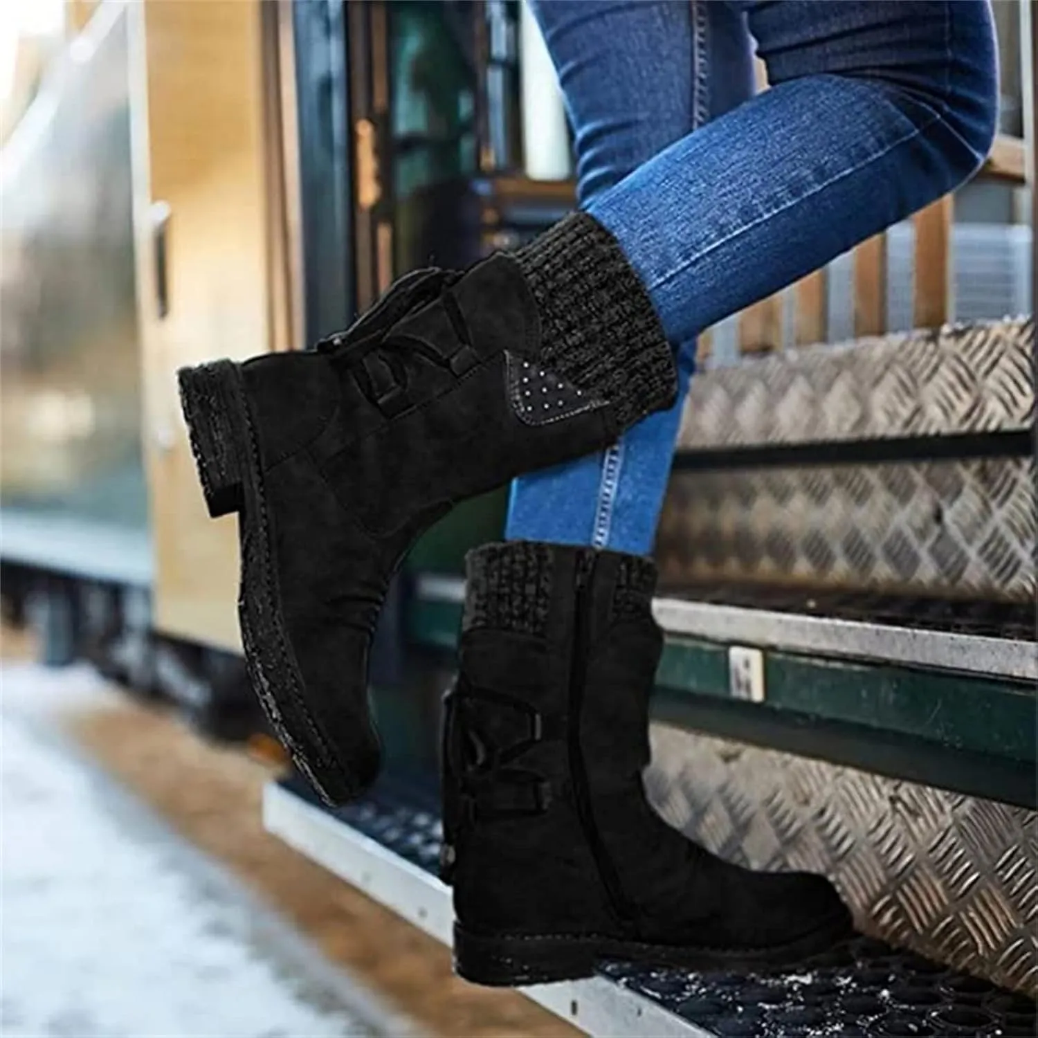 Lausiuoe Boots For Women Low Heel Mid Calf Side Zipper Slouchy Western Cowboy Booties Winter Warm Non Slip Platform Outdoor Shoes