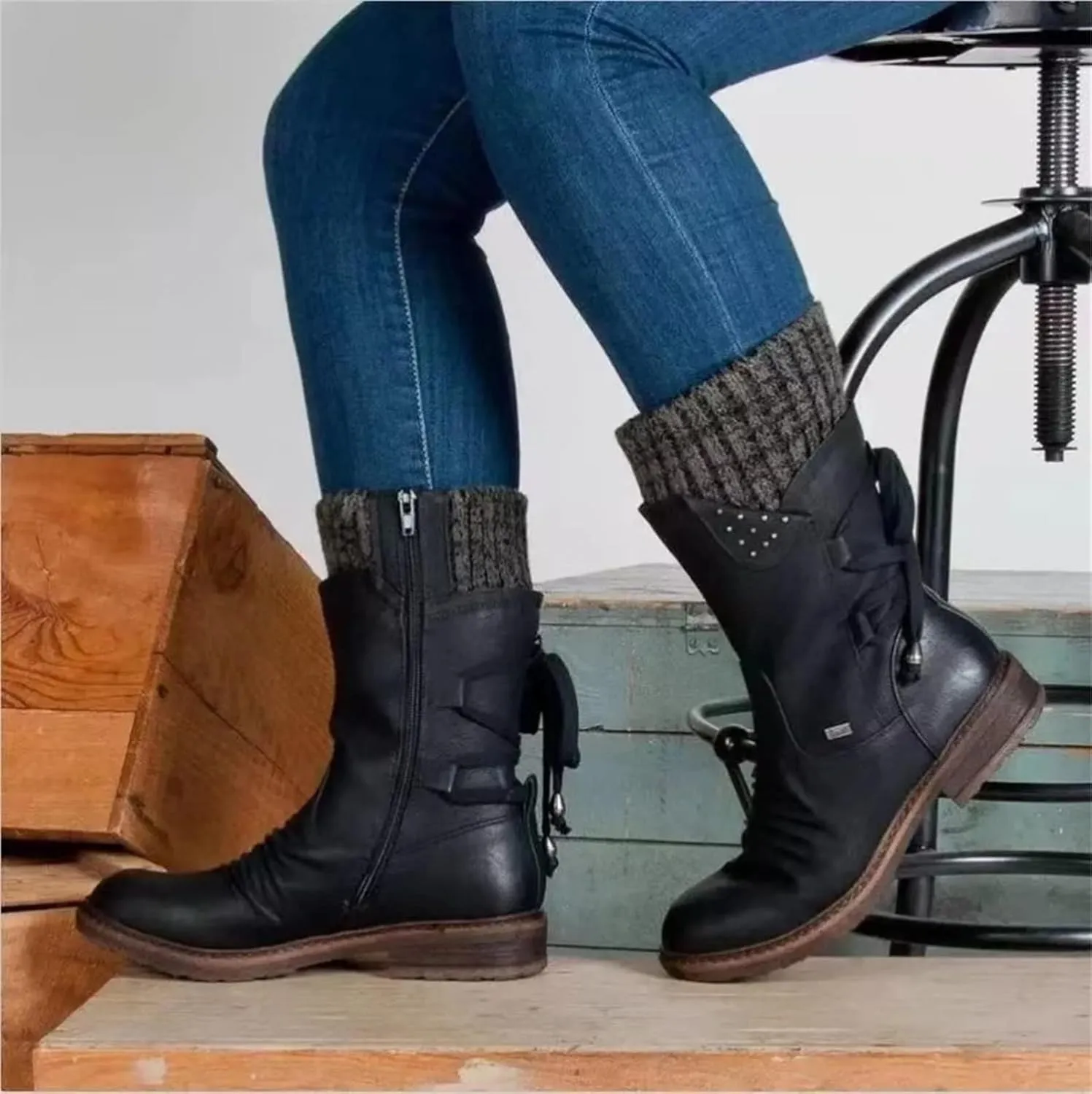 Lausiuoe Boots For Women Low Heel Mid Calf Side Zipper Slouchy Western Cowboy Booties Winter Warm Non Slip Platform Outdoor Shoes