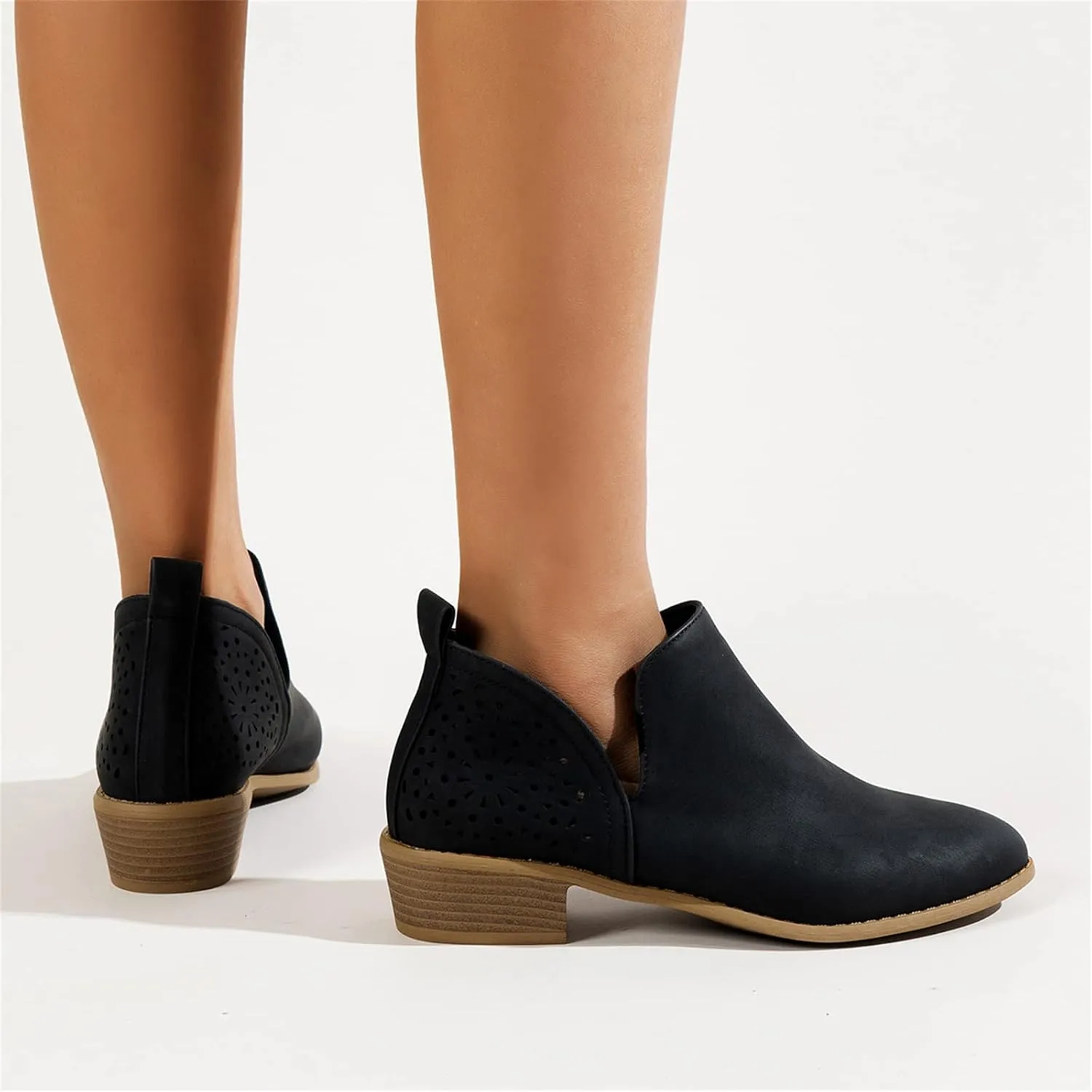 Lausiuoe Womens Boots Ankle Low Heel Cut Out Stacked Chunky Block Casual Dressy Slip on Fashion Wide Width Ankle Booties