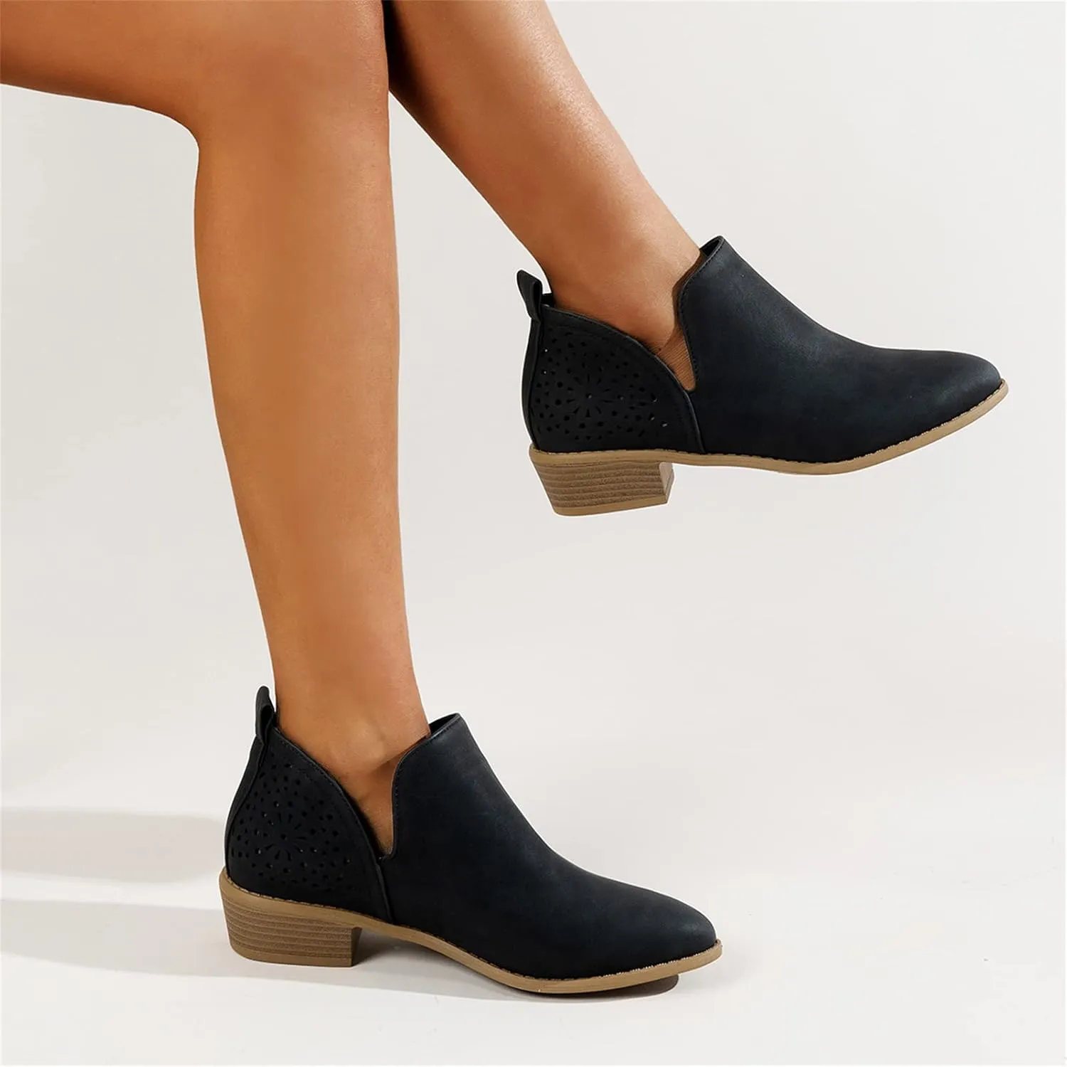 Lausiuoe Womens Boots Ankle Low Heel Cut Out Stacked Chunky Block Casual Dressy Slip on Fashion Wide Width Ankle Booties