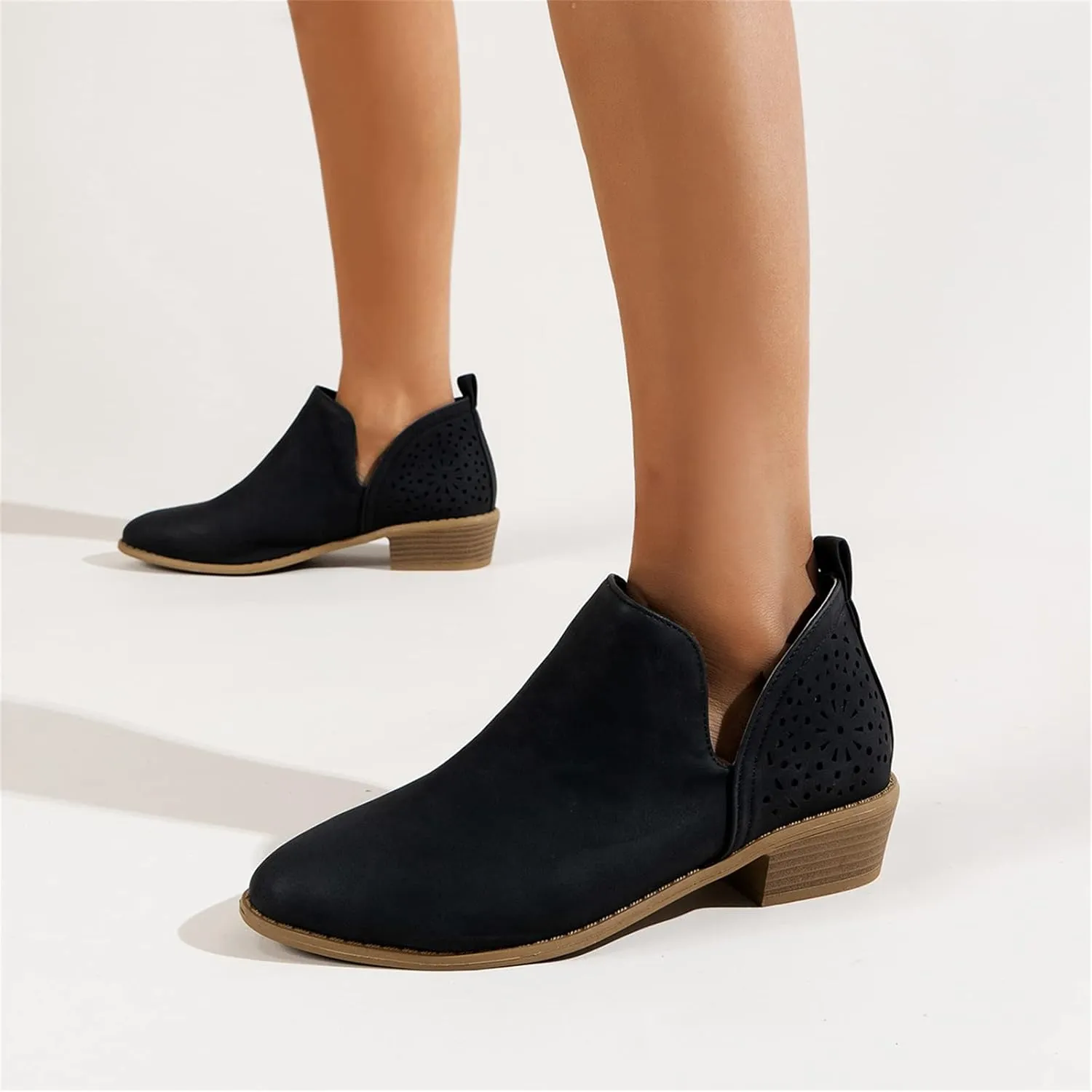 Lausiuoe Womens Boots Ankle Low Heel Cut Out Stacked Chunky Block Casual Dressy Slip on Fashion Wide Width Ankle Booties