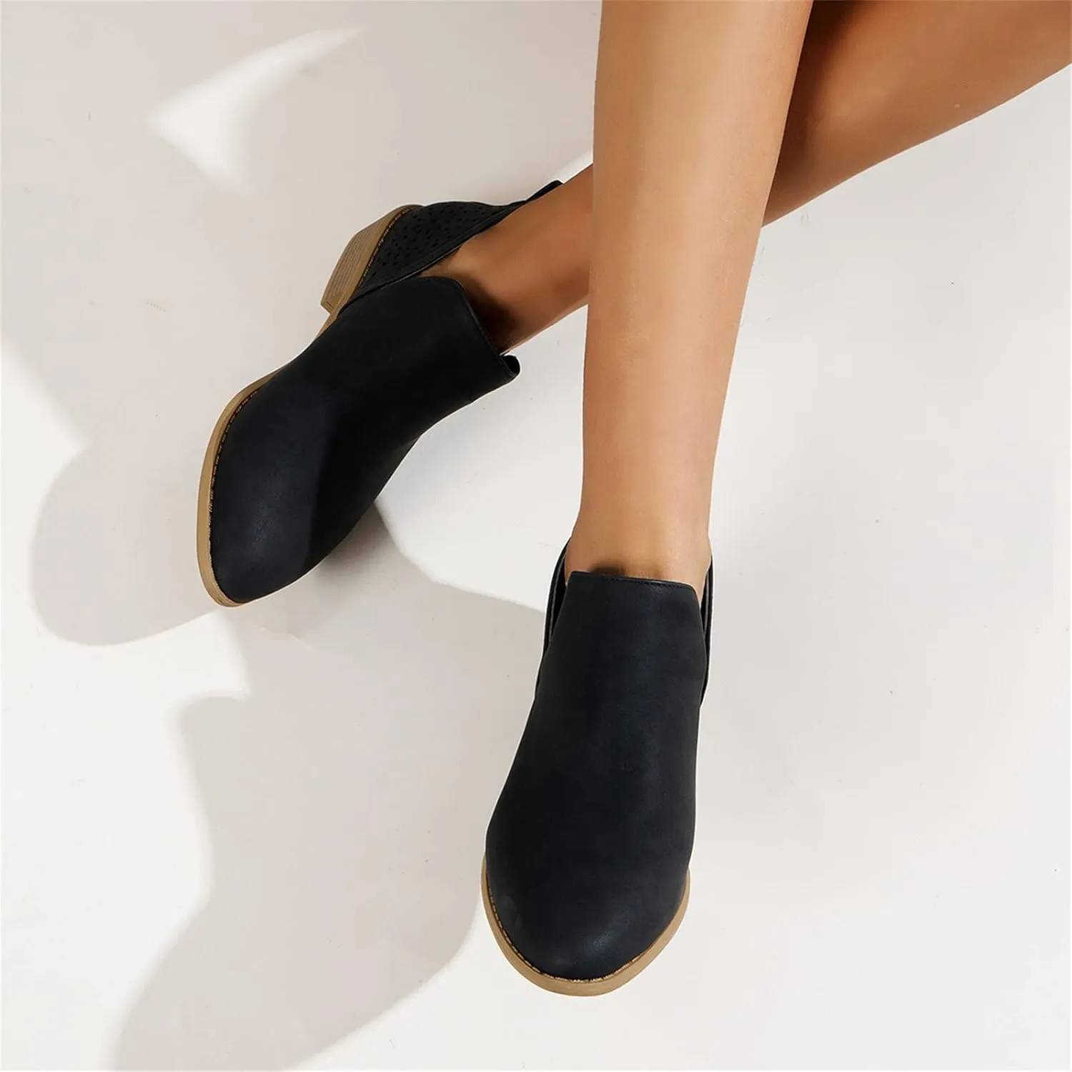 Lausiuoe Womens Boots Ankle Low Heel Cut Out Stacked Chunky Block Casual Dressy Slip on Fashion Wide Width Ankle Booties