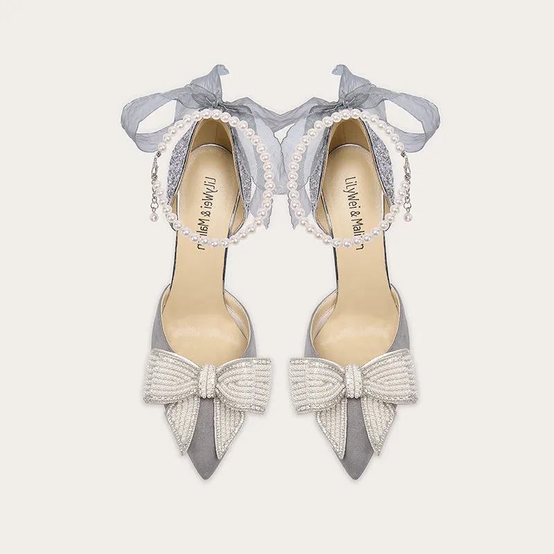 Lily Early 2023 Spring fairy high heels stiletto pearl bow single shoes- Nicola
