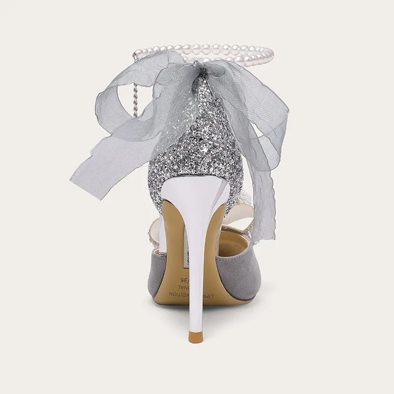 Lily Early 2023 Spring fairy high heels stiletto pearl bow single shoes- Nicola