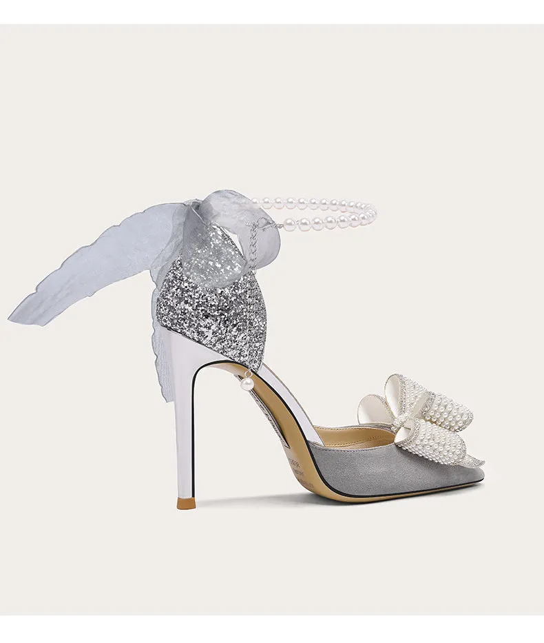 Lily Early 2023 Spring fairy high heels stiletto pearl bow single shoes- Nicola