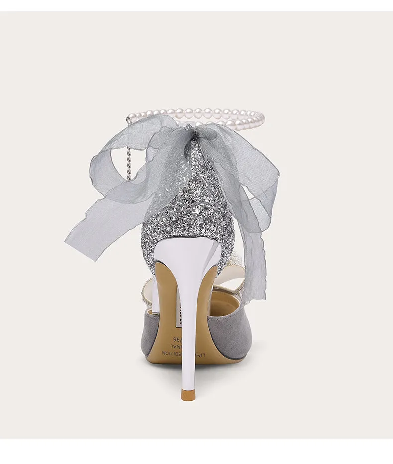 Lily Early 2023 Spring fairy high heels stiletto pearl bow single shoes- Nicola