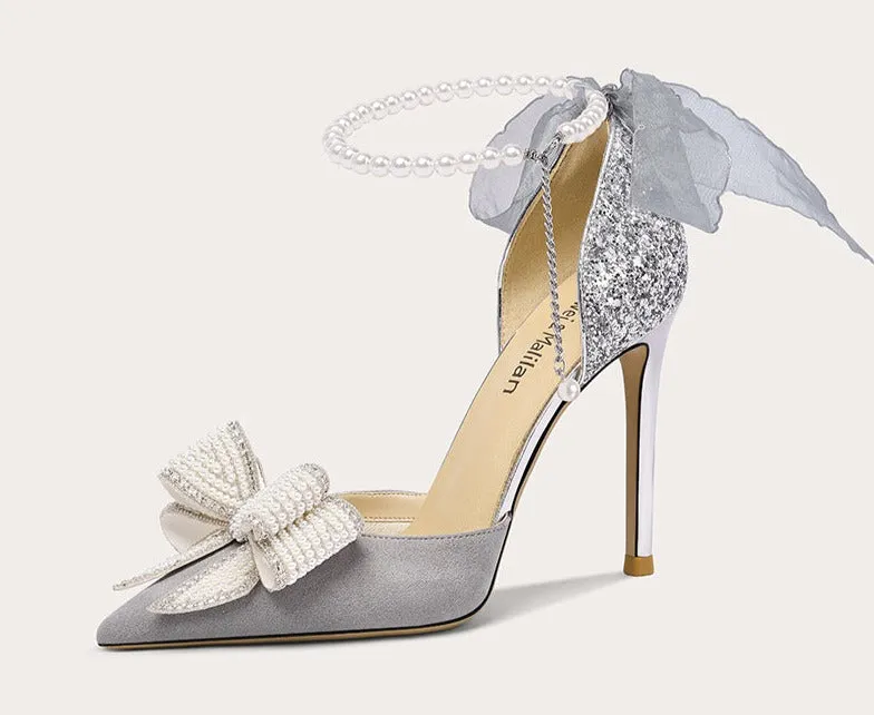Lily Early 2023 Spring fairy high heels stiletto pearl bow single shoes- Nicola